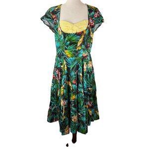 Vintage Laura Byrnes Tropical Dress Cap Sleeves & Sweetheart Neckline Size XL